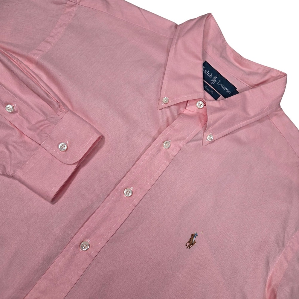 Ralph Lauren Herringbone Shirt Men XL Pink Classic Fit Long Sleeve Pony